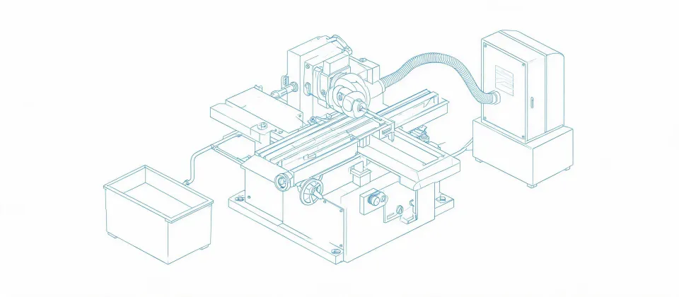 Illustration of a surface grinding bay layout used as a discussion sketch, not a mapped storefront