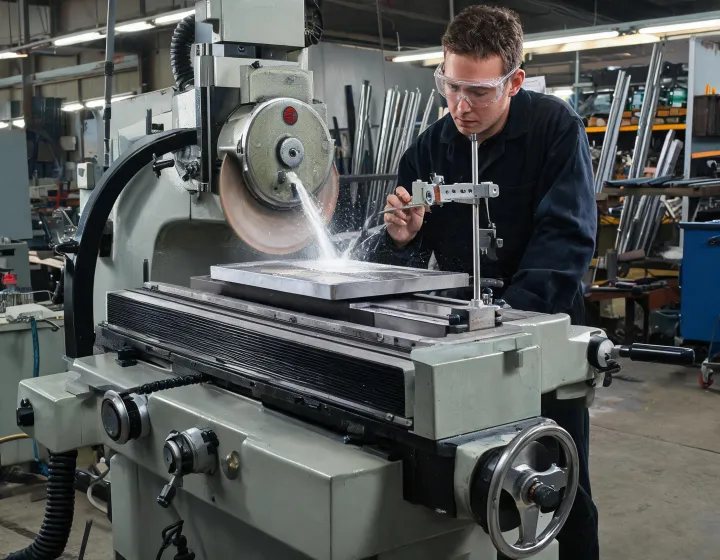 Operator inspecting a steel plate on a surface grinding machine magnetic chuck with coolant flow